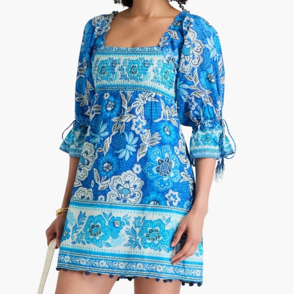 Farm Rio Blue Full of Flowers Smocked Tassel Mini Dress Size XS